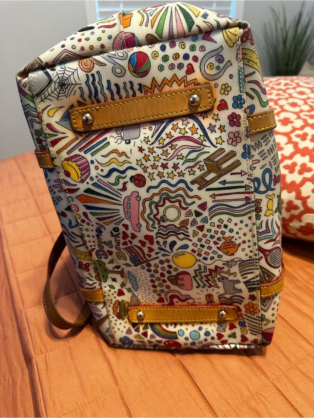 Dooney & Bourke White Multicolor Doodle Tote with Tan Leather Trim